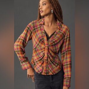 PILCRO ANTHROPOLOGIE Ruched Deep V Orange Plaid Buttondown Top Shirt‎ Flannel S